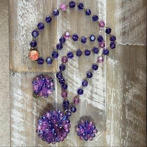 Vintage Western Germany Necklace & Earring Set  Purple Faceted Beads